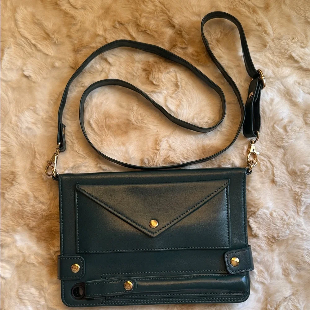 Techcircle Folio Stand PU Green Leather Crossbody Mini IPad Handbag Case - Picture 1 of 11